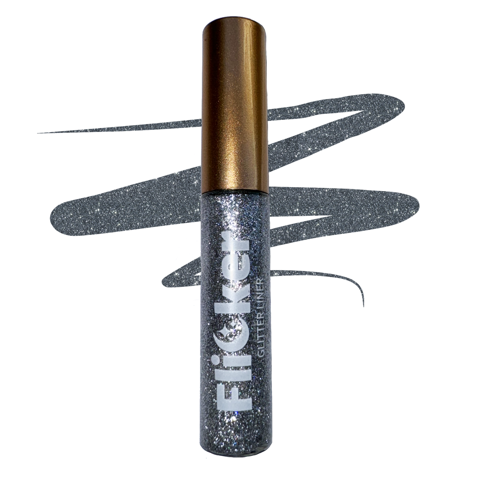 Glitter eyeliner in a metallic tube with gold cap and dark glitter wand applicator
