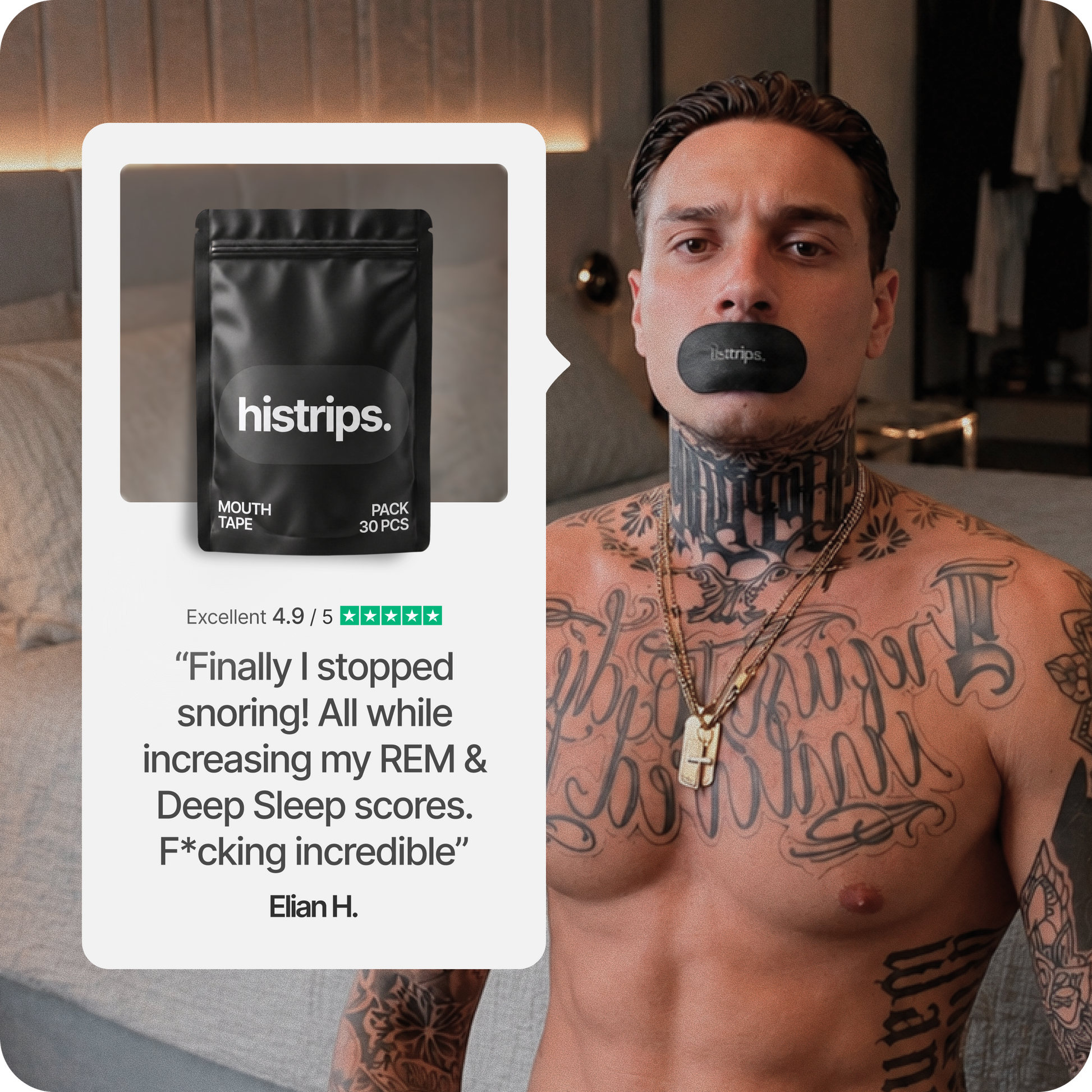 Mouth tape strip on man's lips with histrips mouth tape 30-pack pouch nearby.