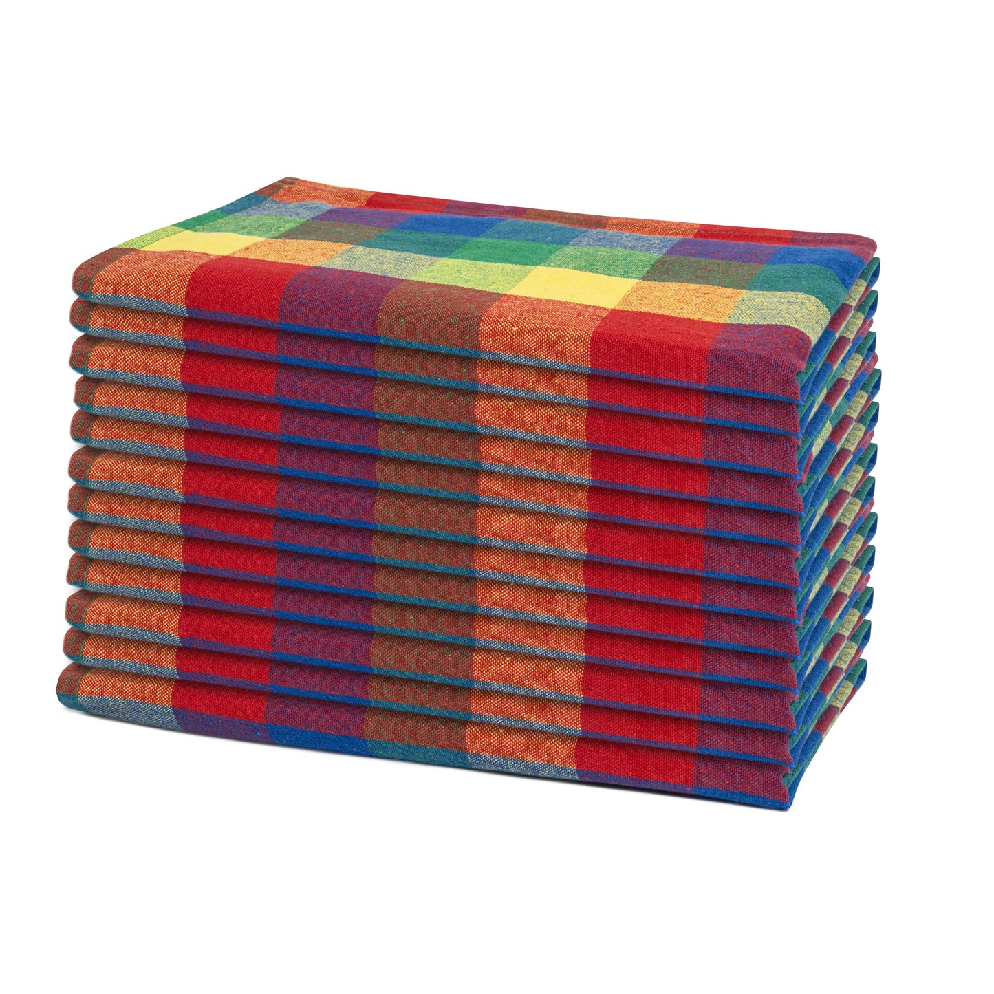 Plaid dinner napkins, stacked, multicolor with blue base and red stripes