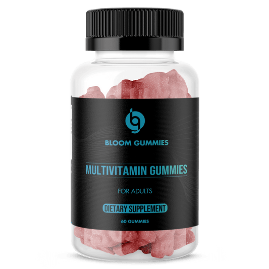 BLOOM by ZNETICS multivitamin gummies bottle with pink gummies, black label