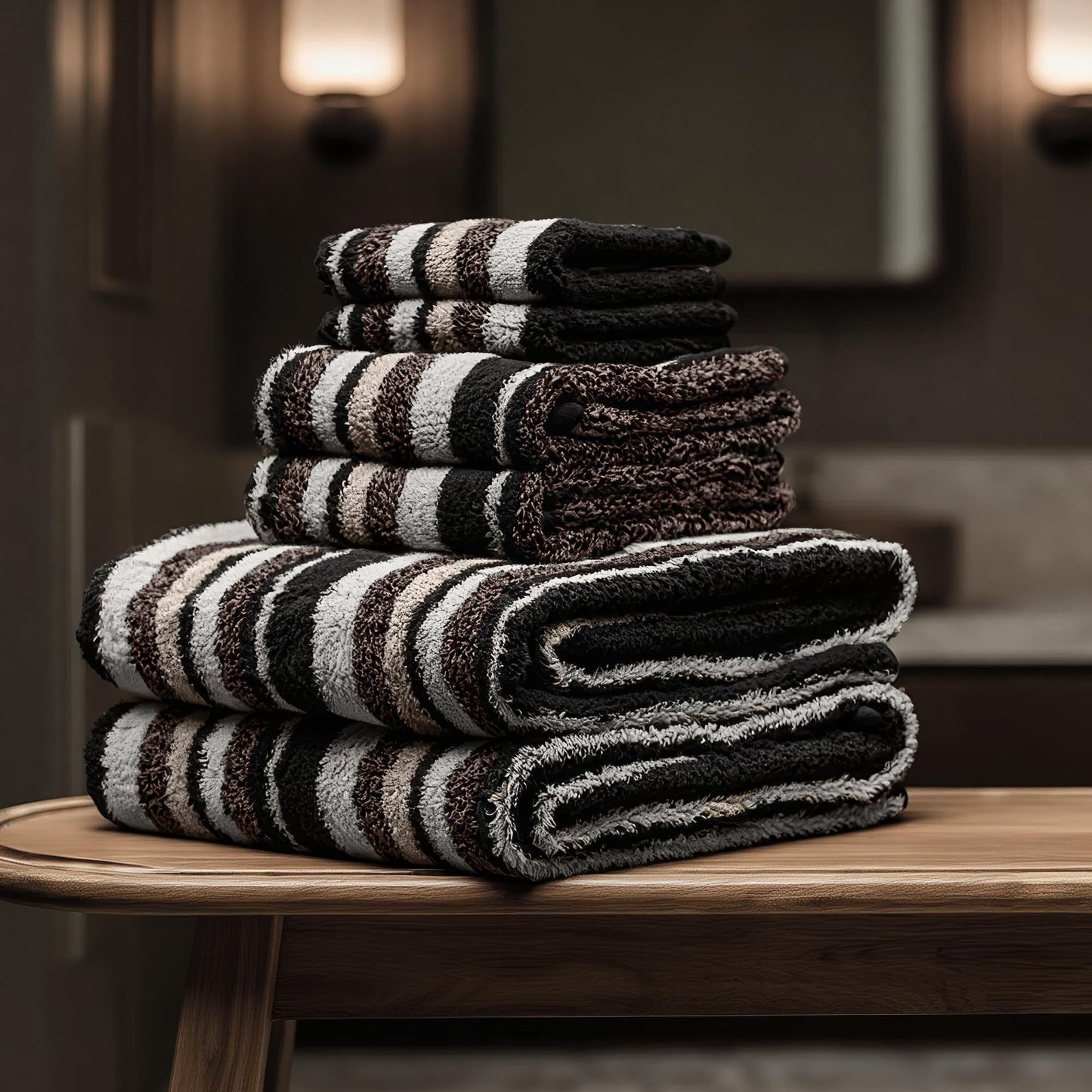 Black and cream striped cotton towels, stacked folded bundle
