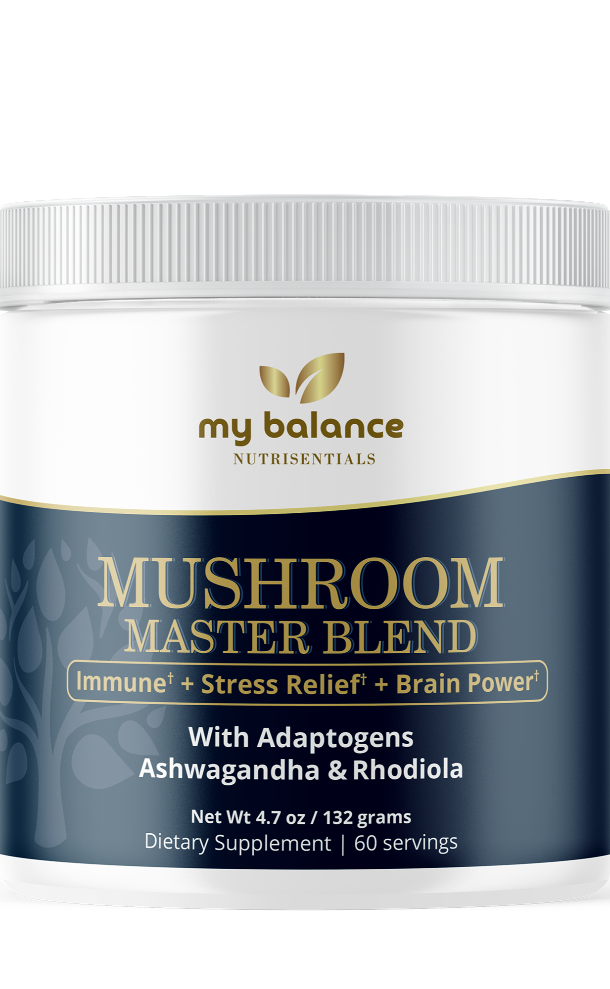 Mushroom blend powder supplement jar with front label and gold branding