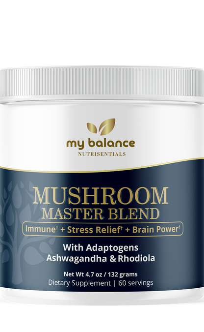Mushroom blend powder supplement jar with front label and gold branding