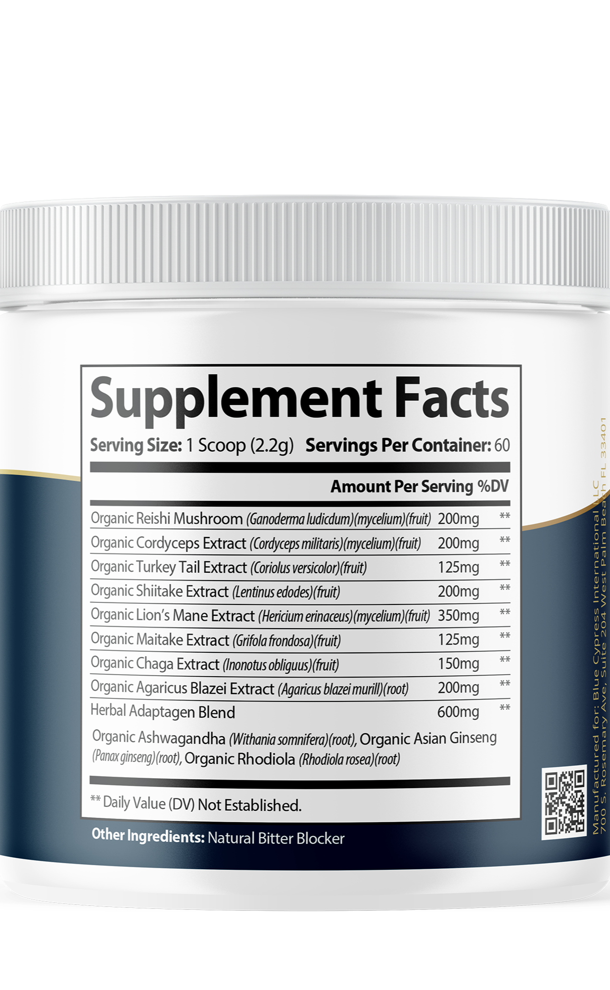 Supplement Facts panel on supplement jar, serving size and ingredients list