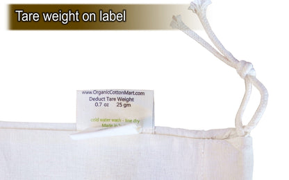 Muslin produce bag label with tare weight information