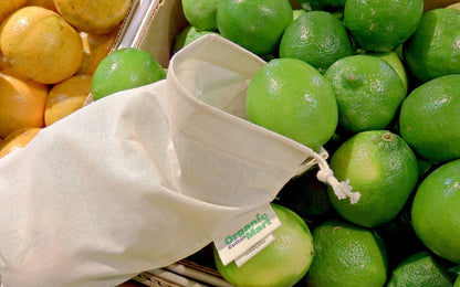 Muslin produce bag filled with green grapes