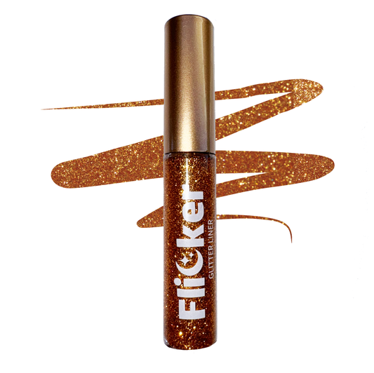 Bronze-gold glitter eyeliner tube with fine glitter swatches