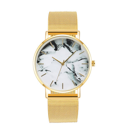 Women’s gold mesh band quartz watch with white marble-pattern dial and gold-tone markers