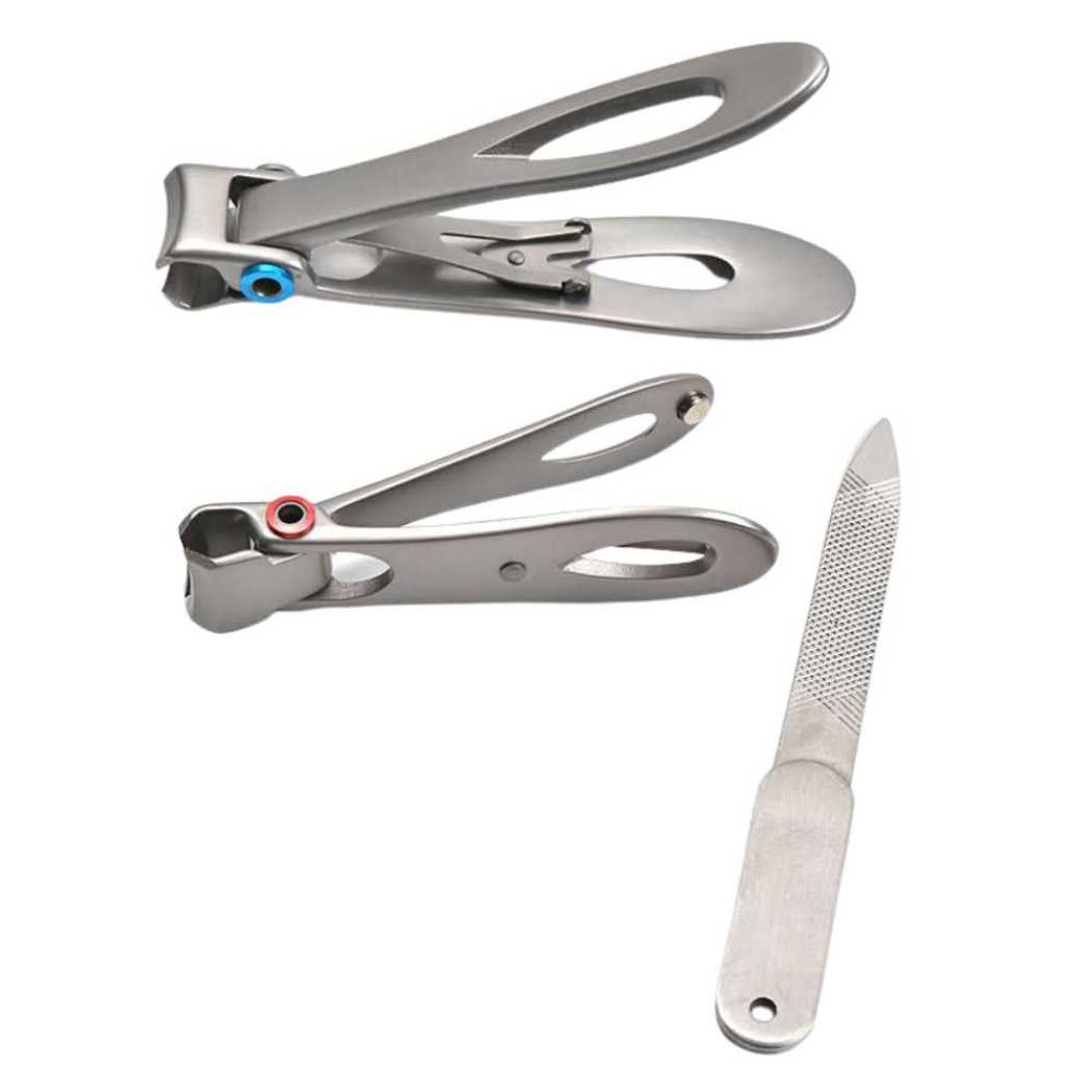 Silver nail clippers with blue and red handle accents plus nail file.