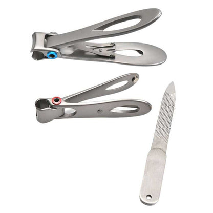 Silver nail clippers with blue and red handle accents plus nail file.