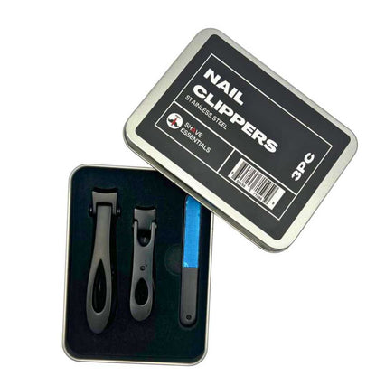 3-piece stainless nail clippers kit with hinged case.