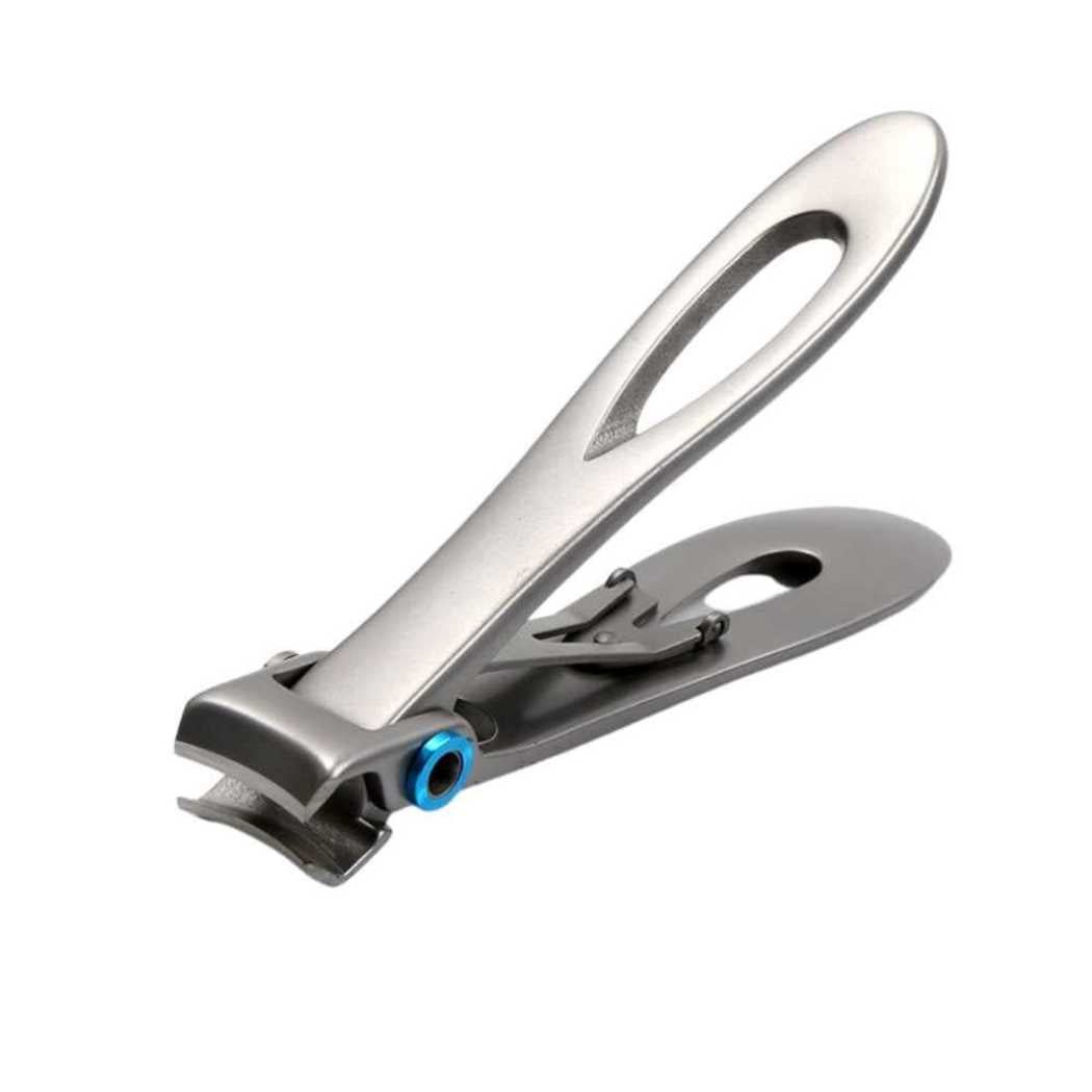Stainless steel nail clipper with blue lever accent.