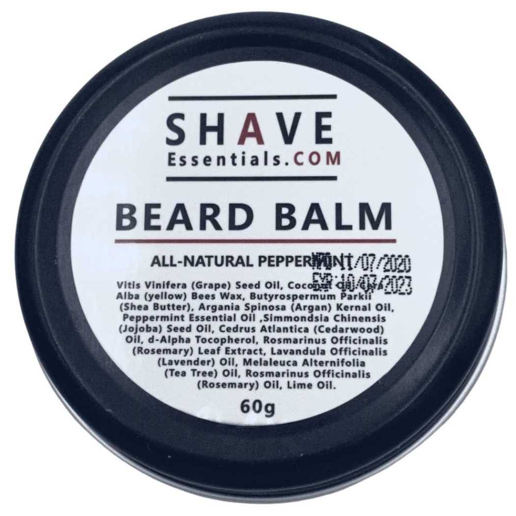 SHAVE Essentials.com beard balm tin label, all-natural peppery scent listing
