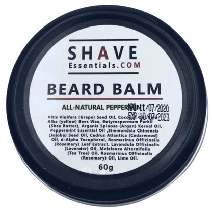 SHAVE Essentials.com beard balm tin label, all-natural peppery scent listing