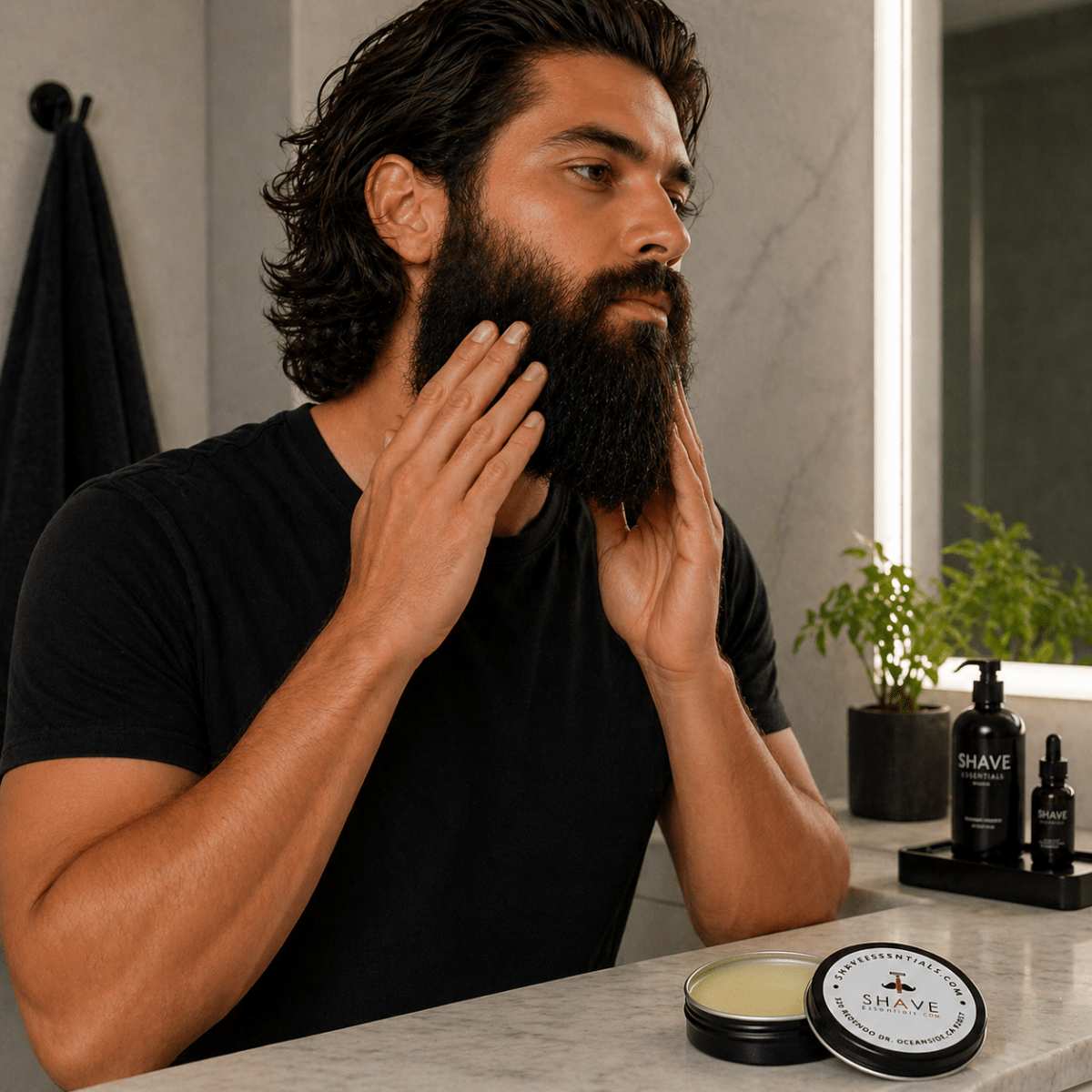 Beard balm tin on bathroom counter with man smoothing beard