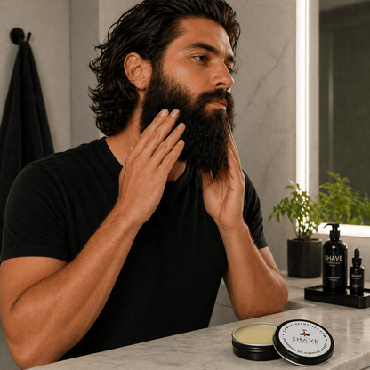 Beard balm tin on bathroom counter with man smoothing beard