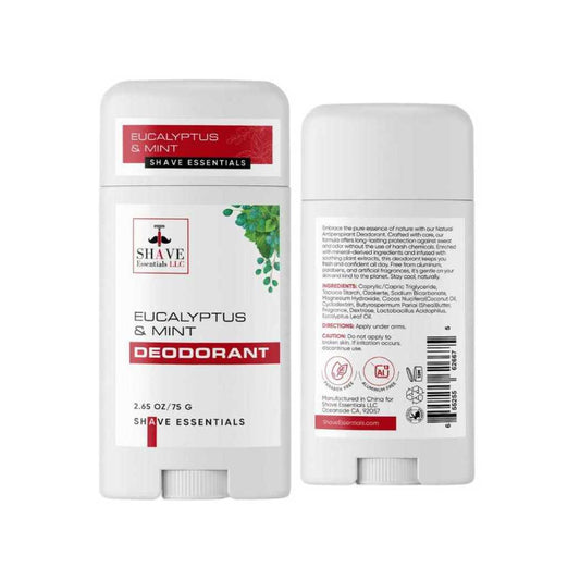 Natural deodorant stick, Eucalyptus & Mint, white travel-size container.