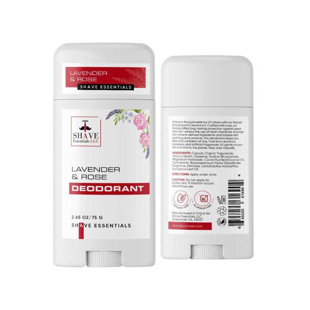Natural deodorant stick, Lavender & Rose, white travel-size container.