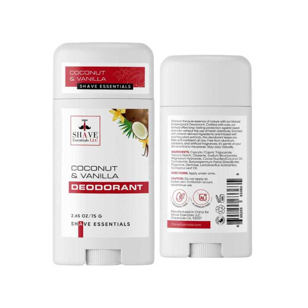 Natural deodorant stick, Coconut & Vanilla, white travel-size container.