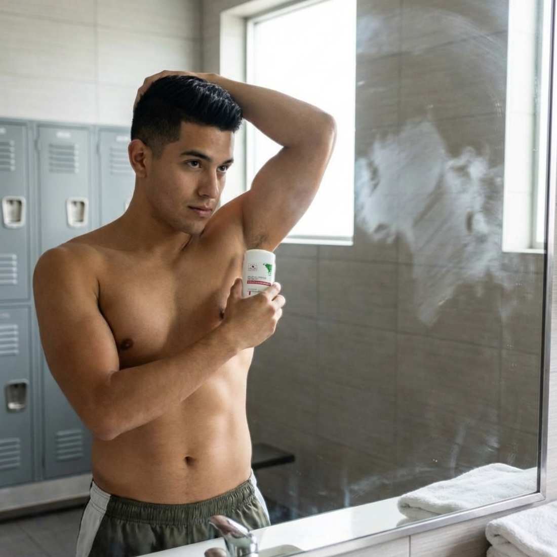 Natural deodorant stick, Eucalyptus & Mint, held by a man in a bathroom.