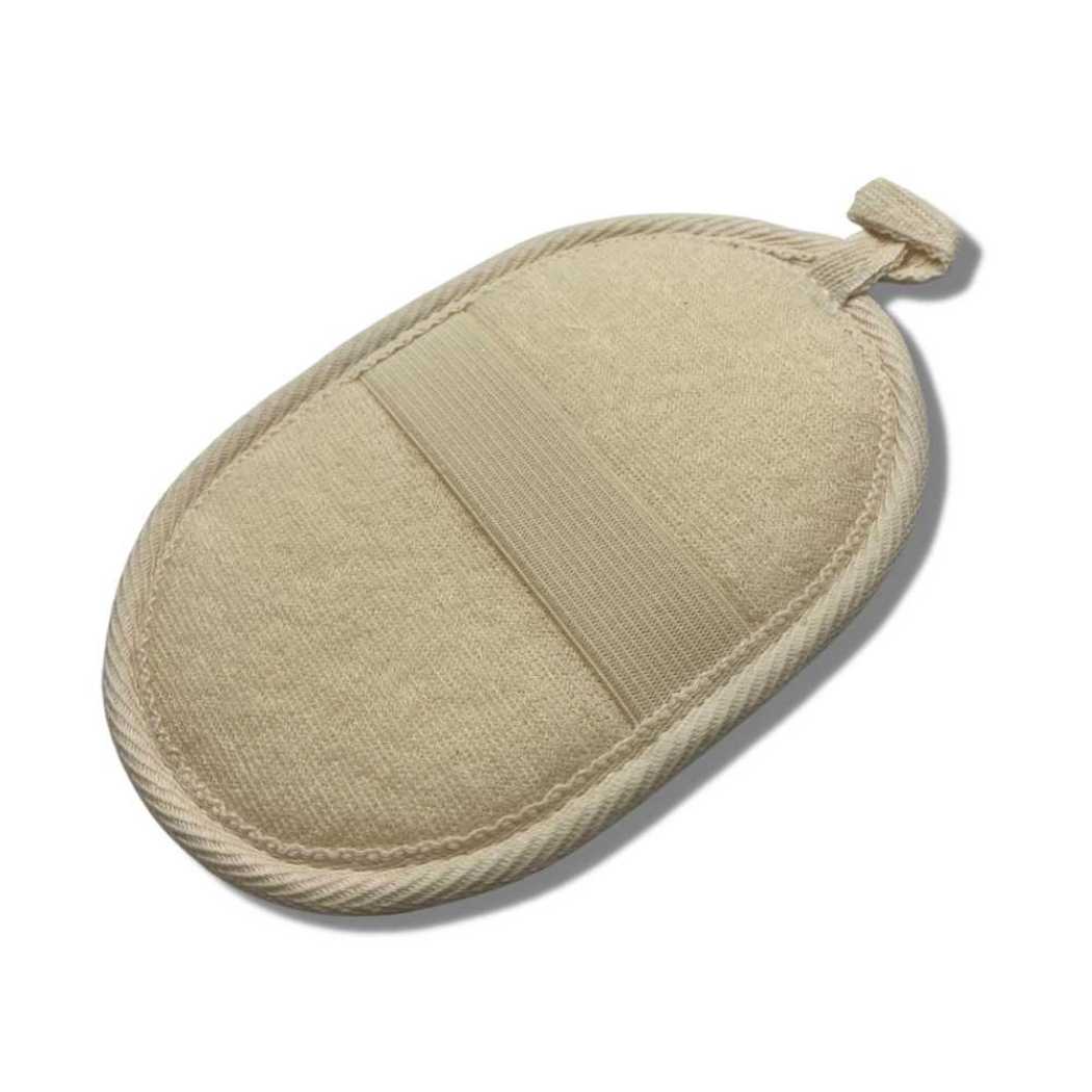 Oval loofah sponge with visible seam lines and loop