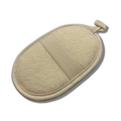 Oval loofah sponge with visible seam lines and loop