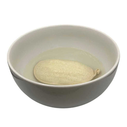 Loofah scrub pad soaking in a bowl