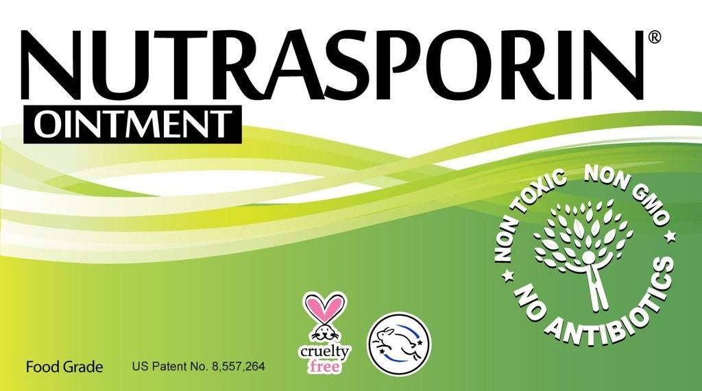 Nutrasporin ointment green label banner with non-toxic, non-GMO, no antibiotics badges