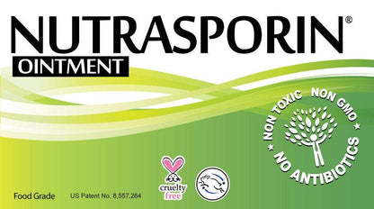 Nutrasporin ointment green label banner with non-toxic, non-GMO, no antibiotics badges