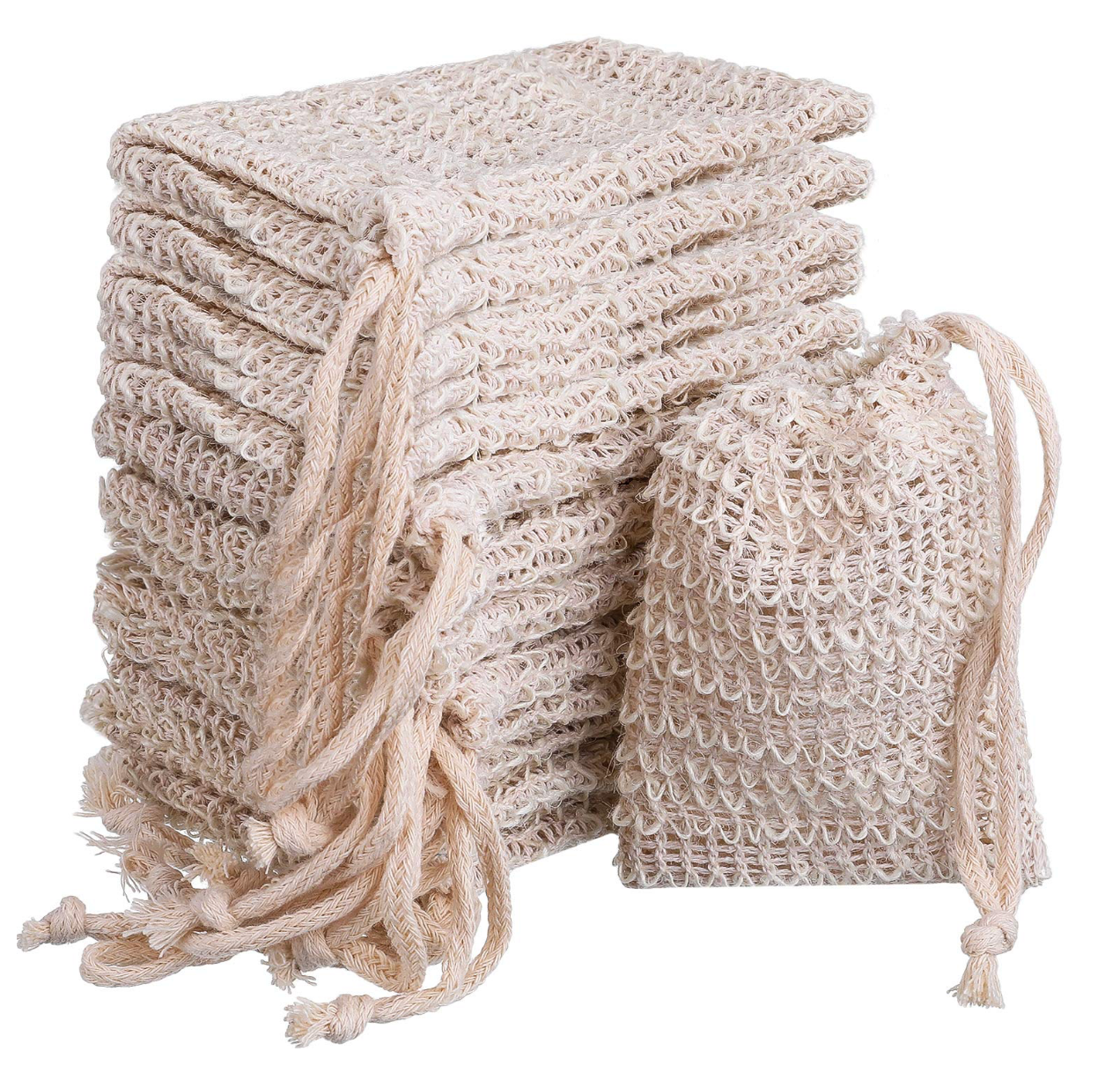 Natural soap saver exfoliator pouch, cream woven mesh with drawstring