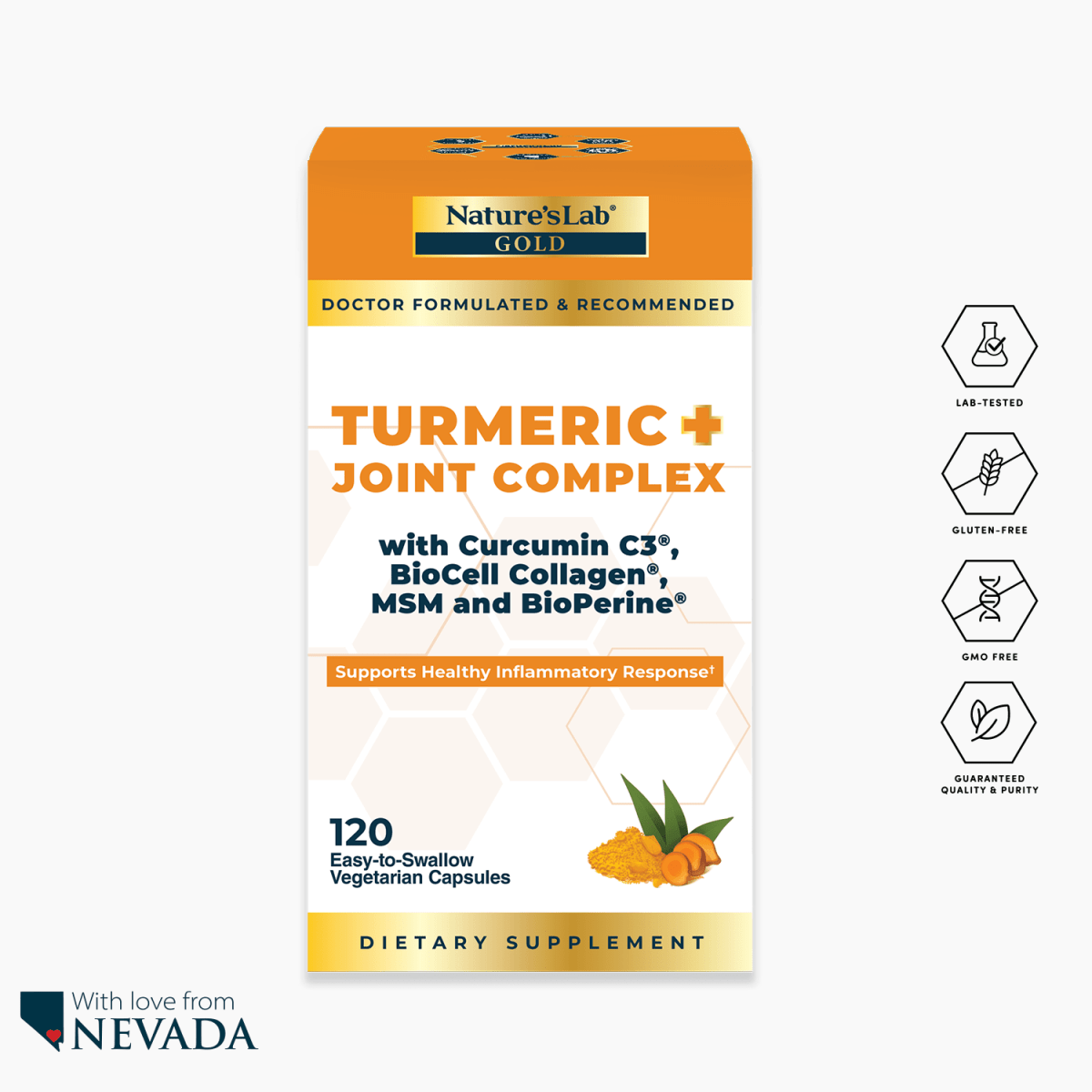 Turmeric joint complex supplement box with Nature'sLab Gold branding and dietary supplement badge