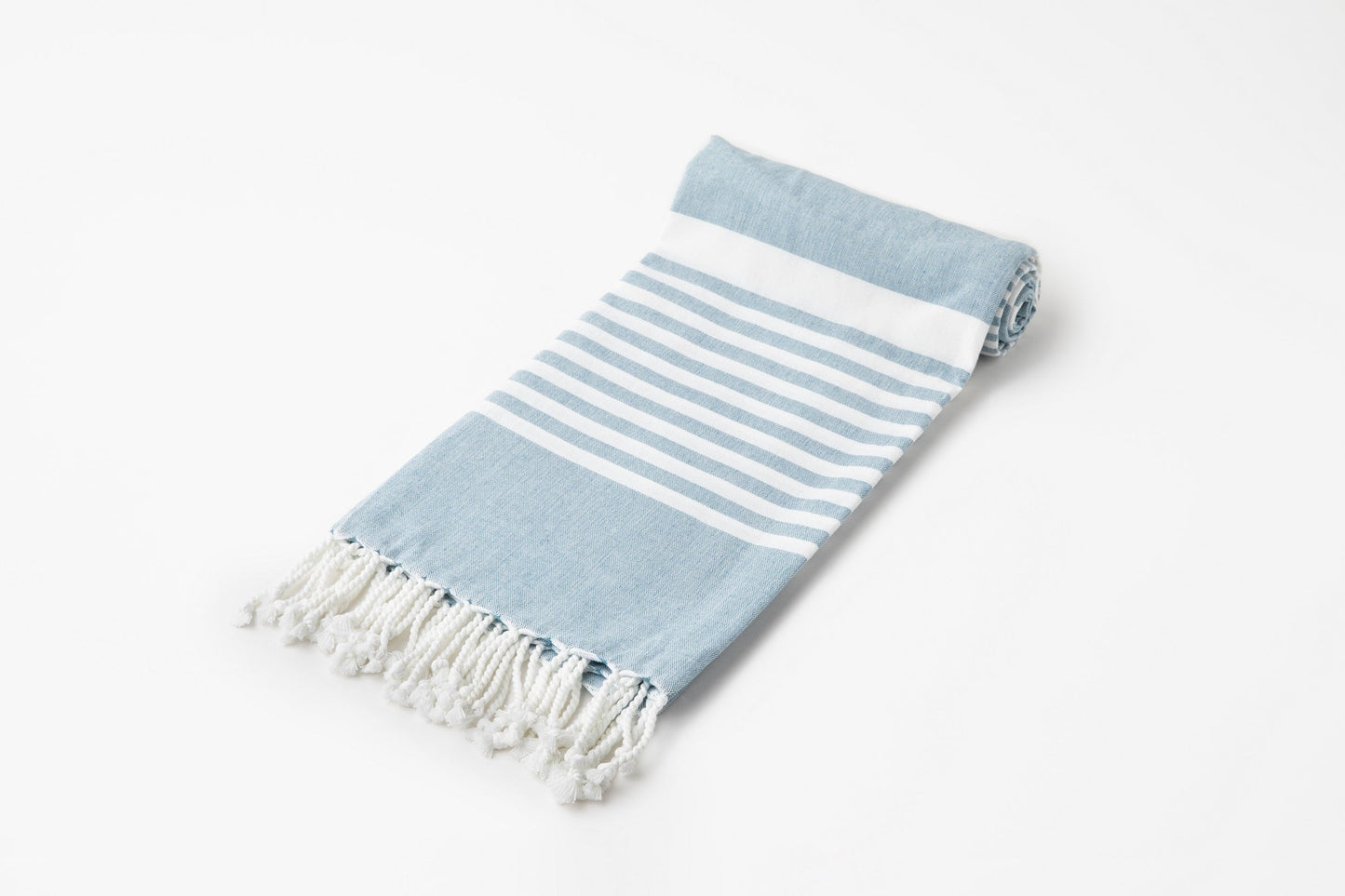 Turkish beach towel, blue with white stripes and tassel fringe