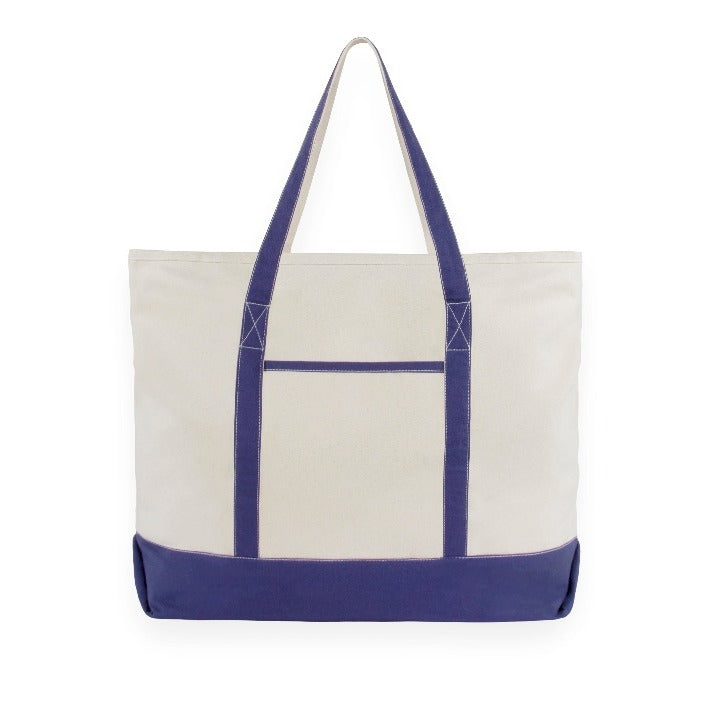 Cream canvas tote bag with navy handles and navy bottom band.