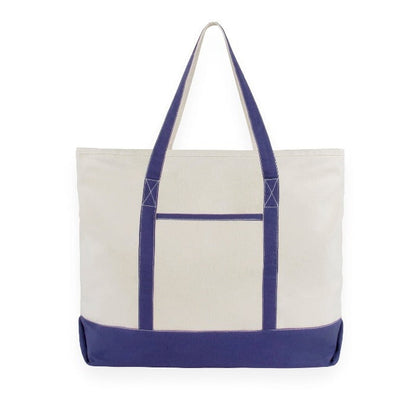 Cream canvas tote bag with navy handles and navy bottom band.