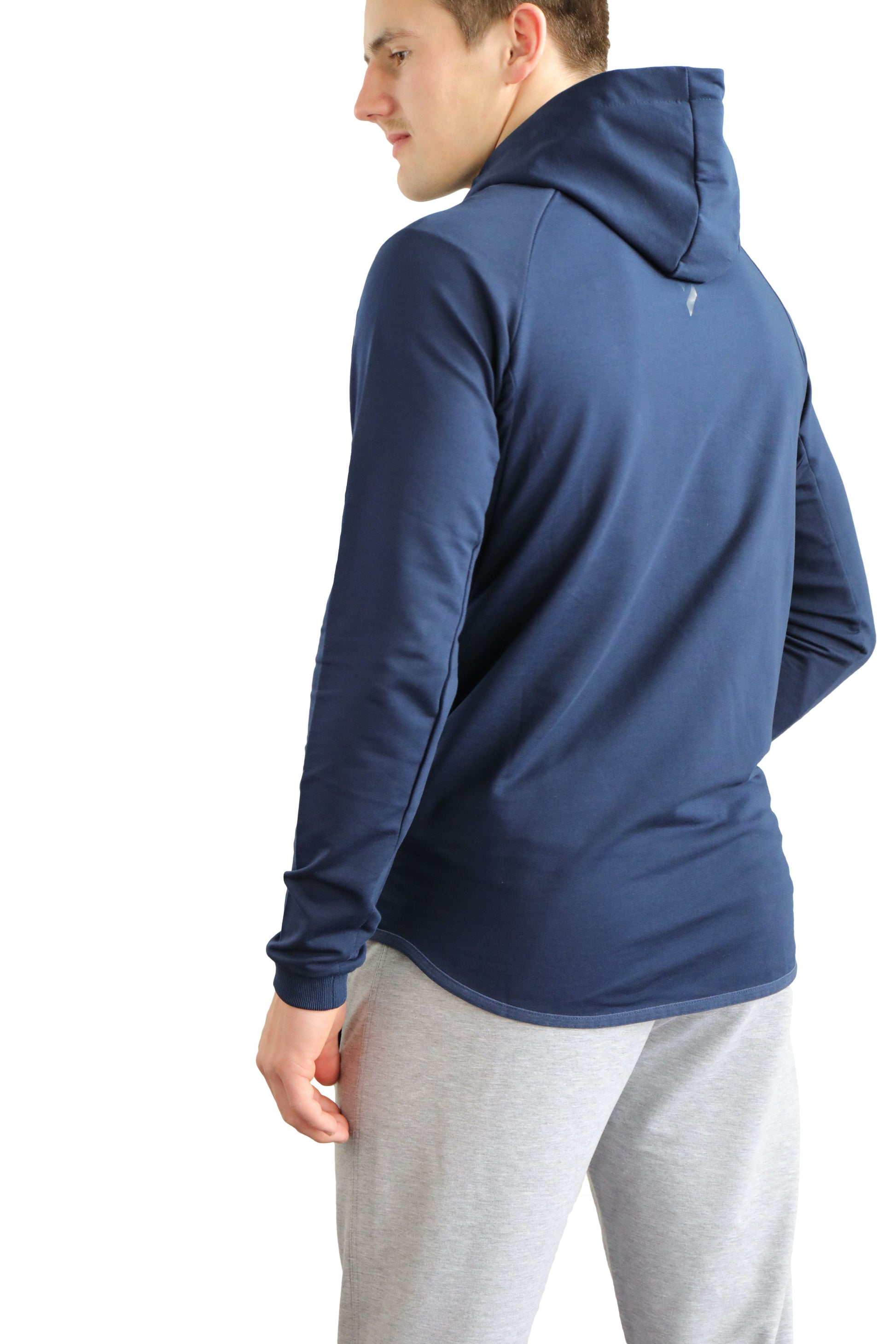 Navy slim-fit zip hooded sweatshirt, side profile with long sleeves.