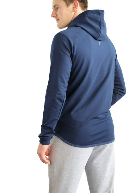 Navy slim-fit zip hooded sweatshirt, side profile with long sleeves.