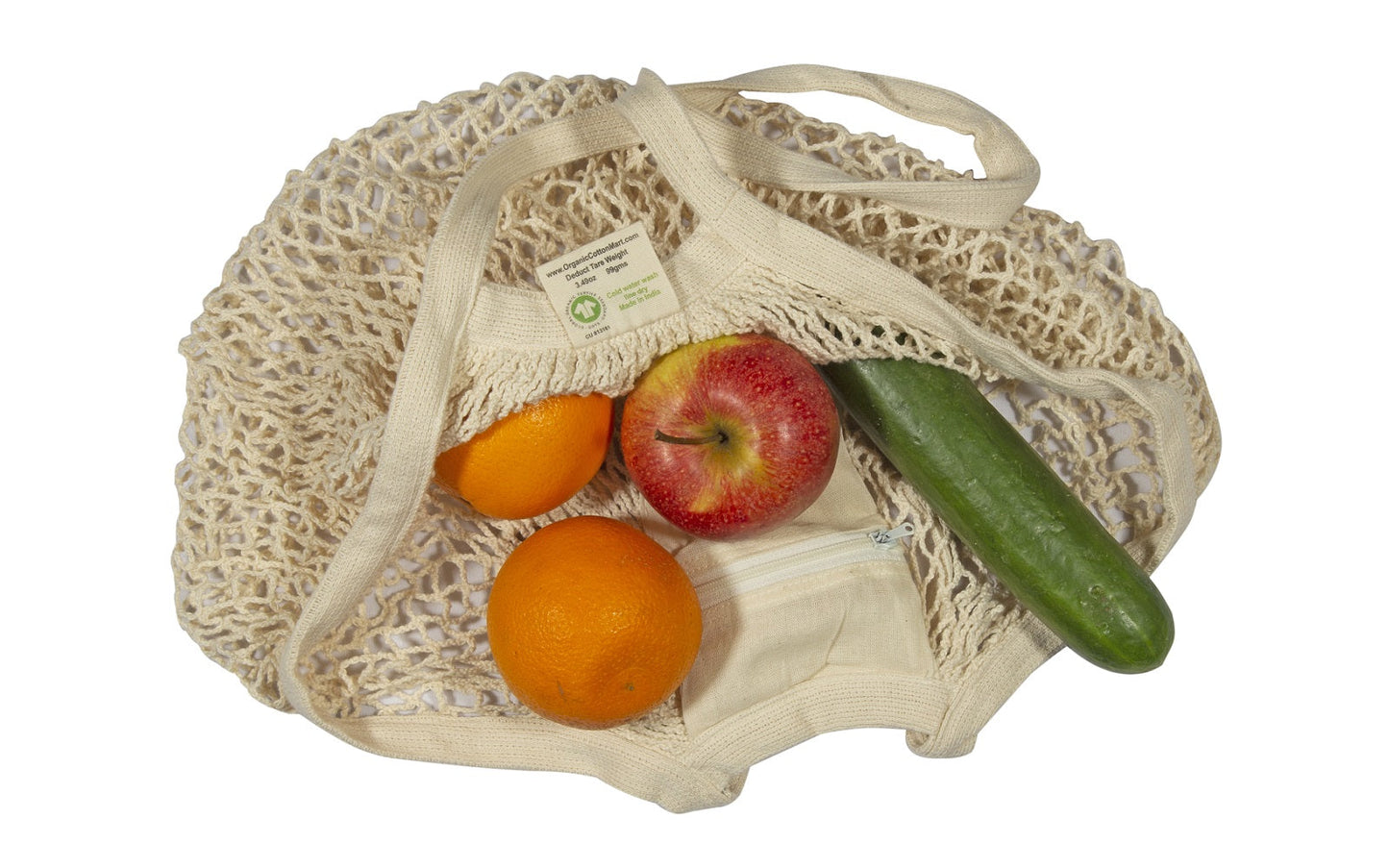 Cream mesh produce bag with long handles, filled with apples, orange, and cucumber