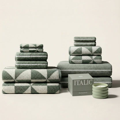 Cotton beach towel set, gray-green and white geometric triangle pattern, folded stack