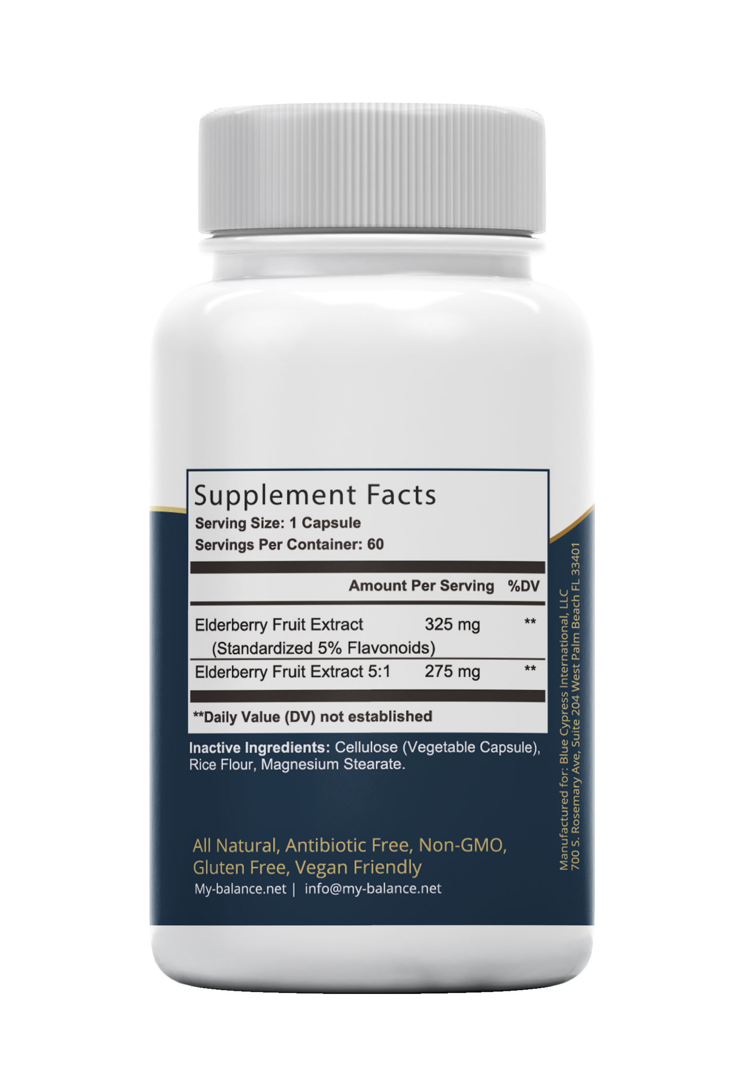 Elderberry plus supplement facts label on bottle, white cap and blue text