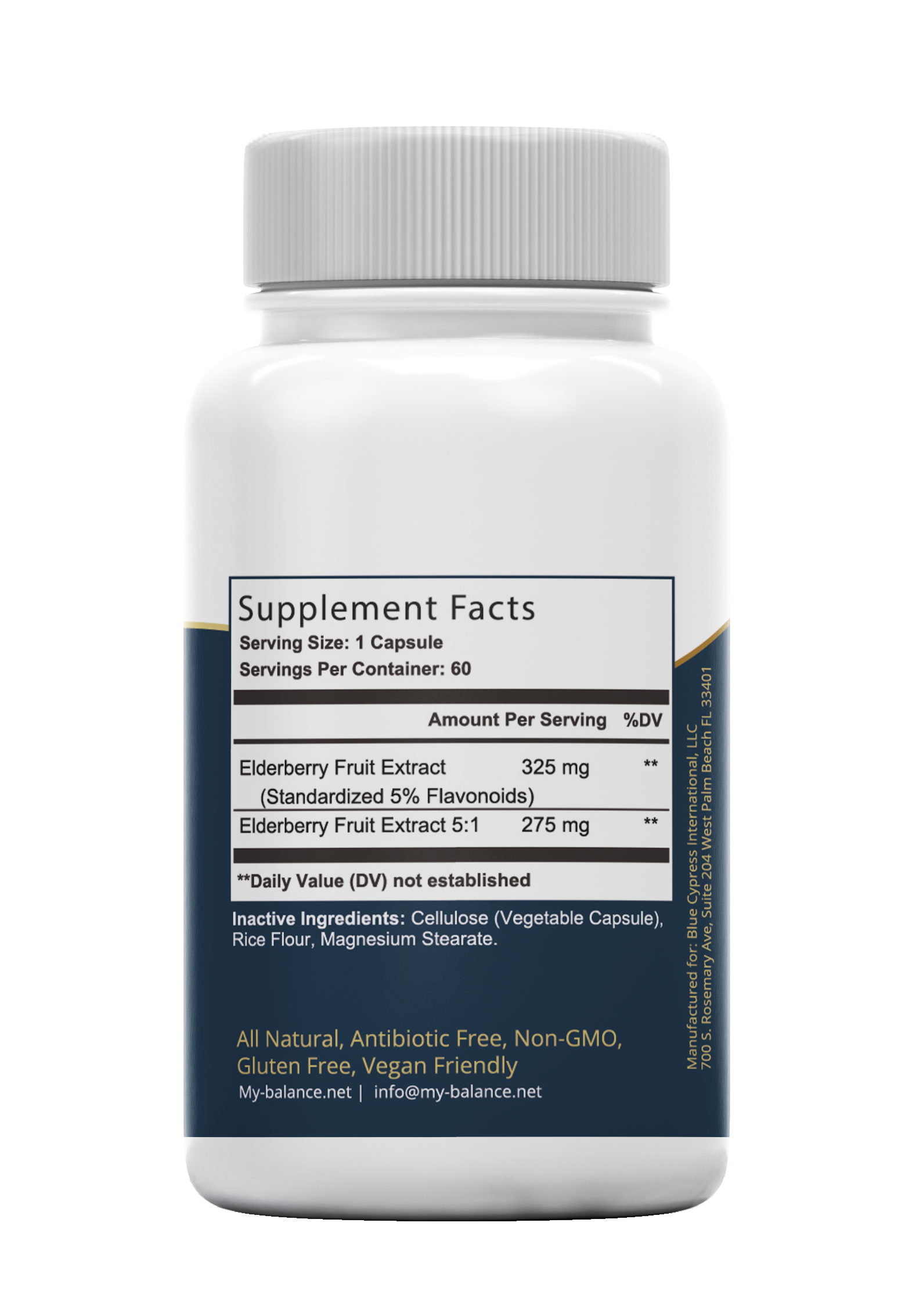 Elderberry plus supplement facts label on bottle, white cap and blue text