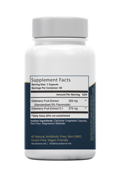 Elderberry plus supplement facts label on bottle, white cap and blue text
