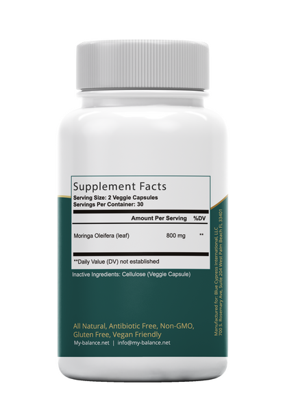 Moringa oleifera supplement bottle with Supplement Facts panel and 60 veggie capsules