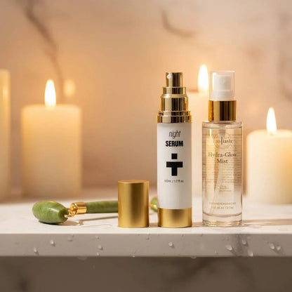 Night serum bottles with gold caps on vanity with lit candles