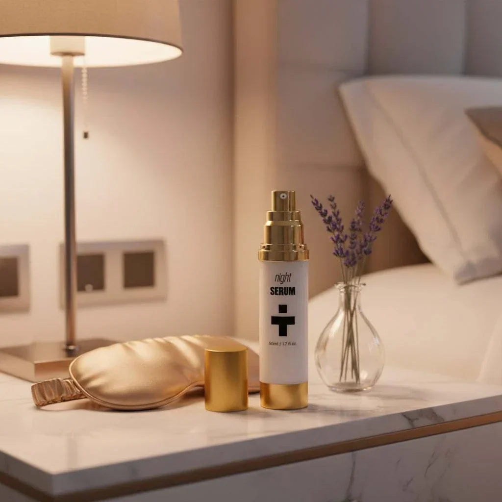 Night serum bottle with gold cap on bathroom vanity counter