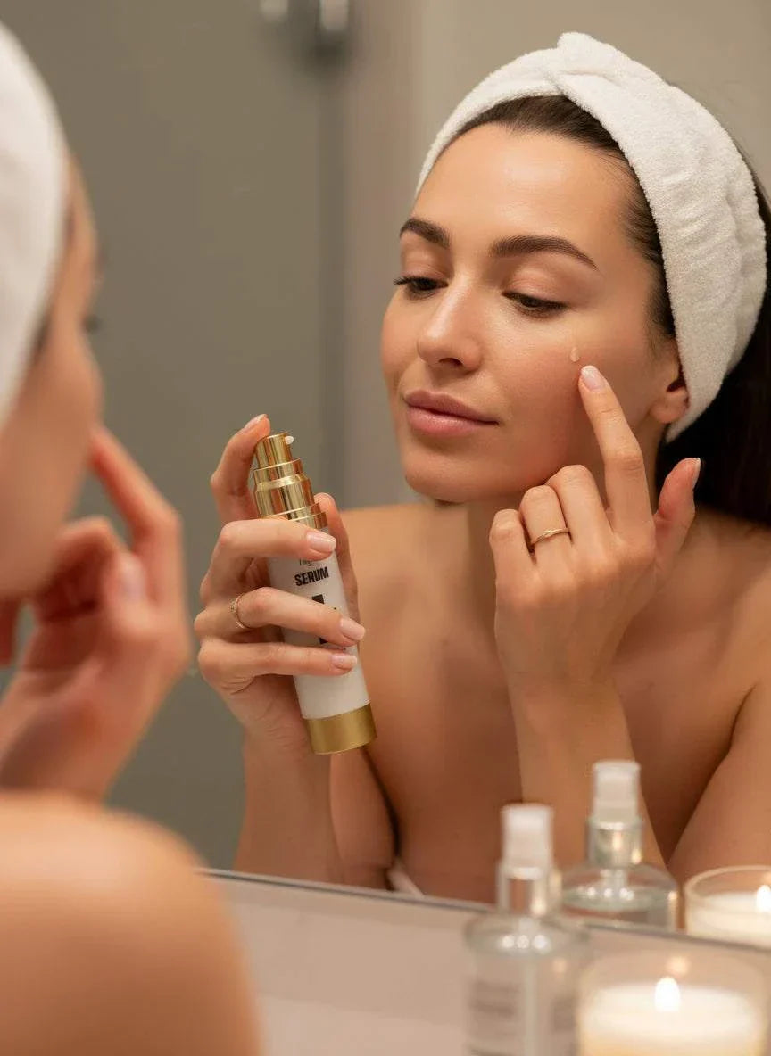 Night serum bottle held while applying serum on face