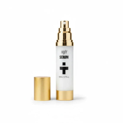 Night serum bottle with gold pump cap and white label