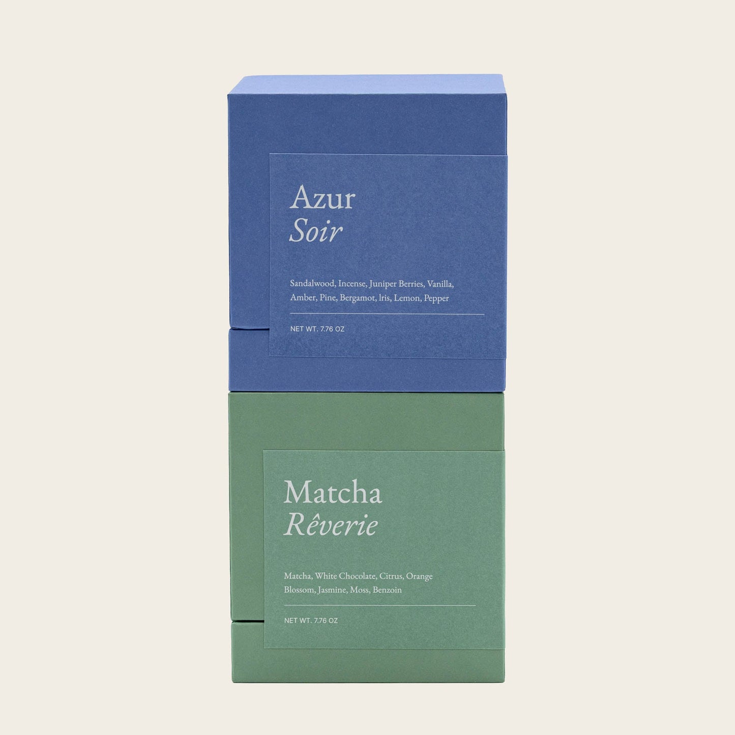 Scented candle gift set boxes: blue “Azur Soir” and green “Matcha Réverie”