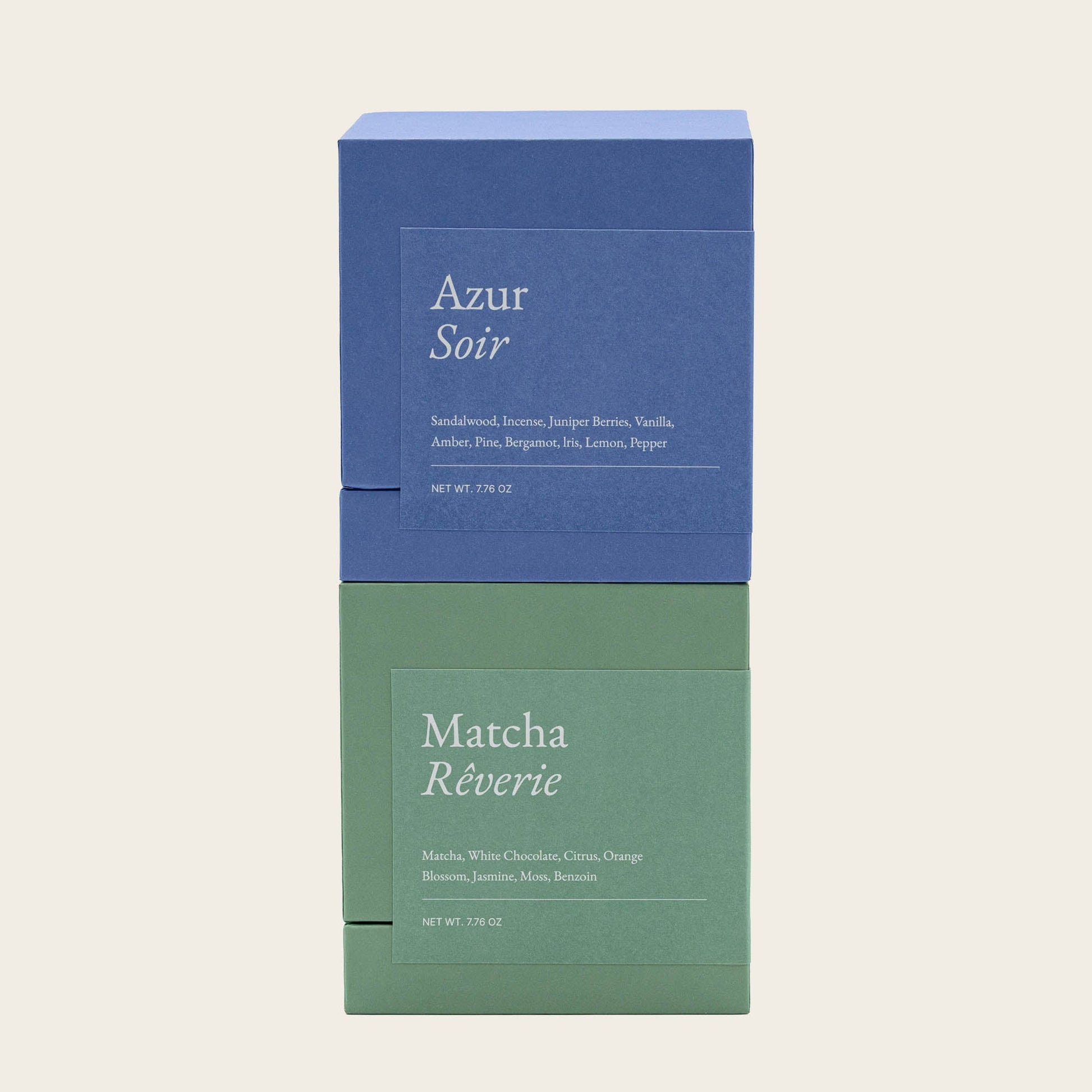 Scented candle gift set boxes: blue “Azur Soir” and green “Matcha Réverie”