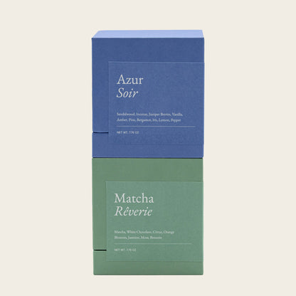 Scented candle gift set boxes: blue “Azur Soir” and green “Matcha Réverie”