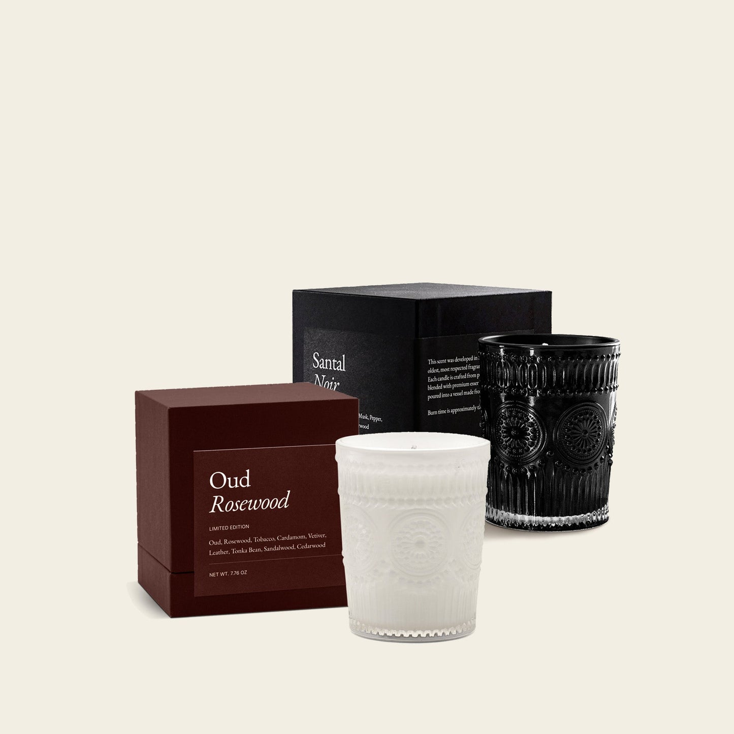 Two glass candles set: white Oud Rosewood and black Santal Noir, with gift boxes